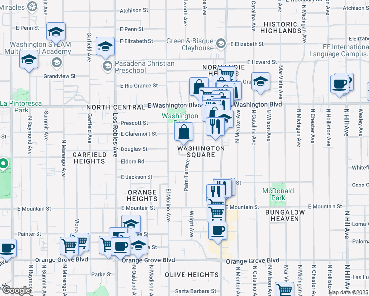 map of restaurants, bars, coffee shops, grocery stores, and more near 1155 Palm Terrace in Pasadena