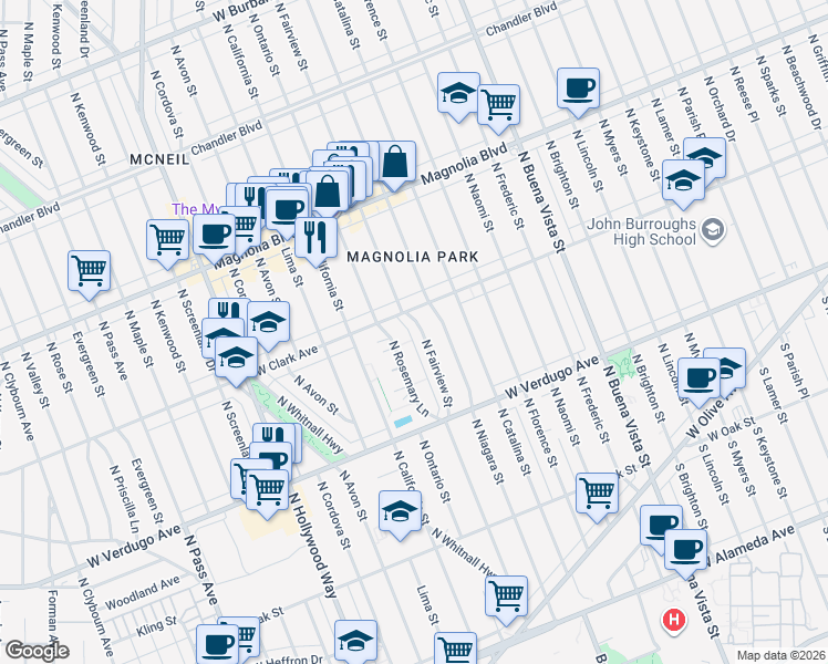 map of restaurants, bars, coffee shops, grocery stores, and more near in Burbank