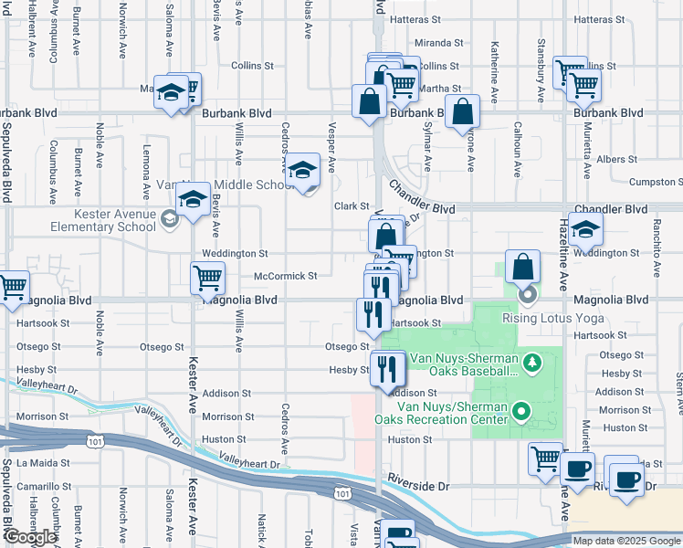 map of restaurants, bars, coffee shops, grocery stores, and more near 5230 Vesper Ave in Los Angeles