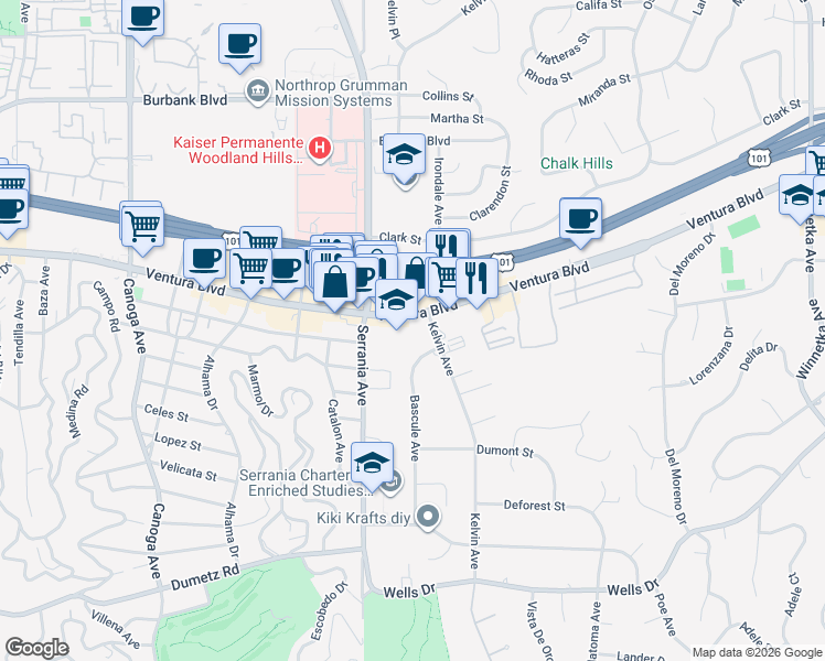 map of restaurants, bars, coffee shops, grocery stores, and more near 20812 Ventura Boulevard in Los Angeles