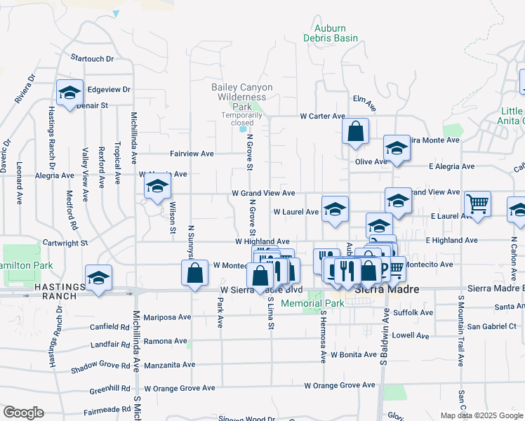 map of restaurants, bars, coffee shops, grocery stores, and more near 225 North Lima Street in Sierra Madre