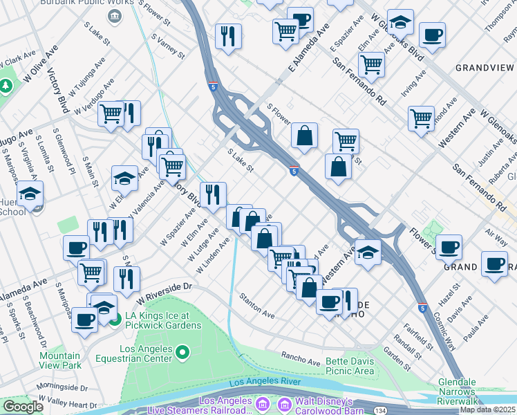 map of restaurants, bars, coffee shops, grocery stores, and more near 234 West Linden Avenue in Burbank