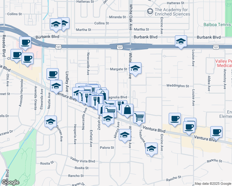 map of restaurants, bars, coffee shops, grocery stores, and more near 5243 Yarmouth Avenue in Los Angeles