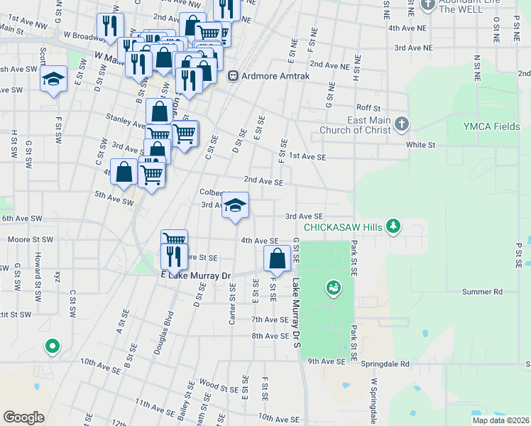 map of restaurants, bars, coffee shops, grocery stores, and more near 515 3rd Avenue Southeast in Ardmore