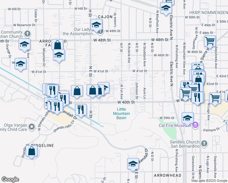 map of restaurants, bars, coffee shops, grocery stores, and more near Cottage Drive in San Bernardino