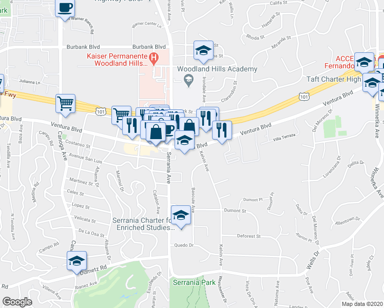 map of restaurants, bars, coffee shops, grocery stores, and more near 20874 Ventura Boulevard in Los Angeles