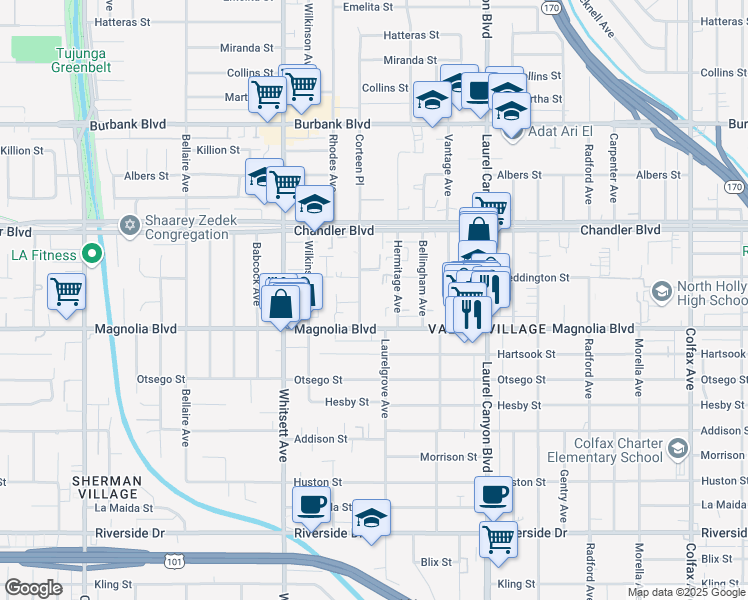 map of restaurants, bars, coffee shops, grocery stores, and more near 5232 Corteen Place in Los Angeles