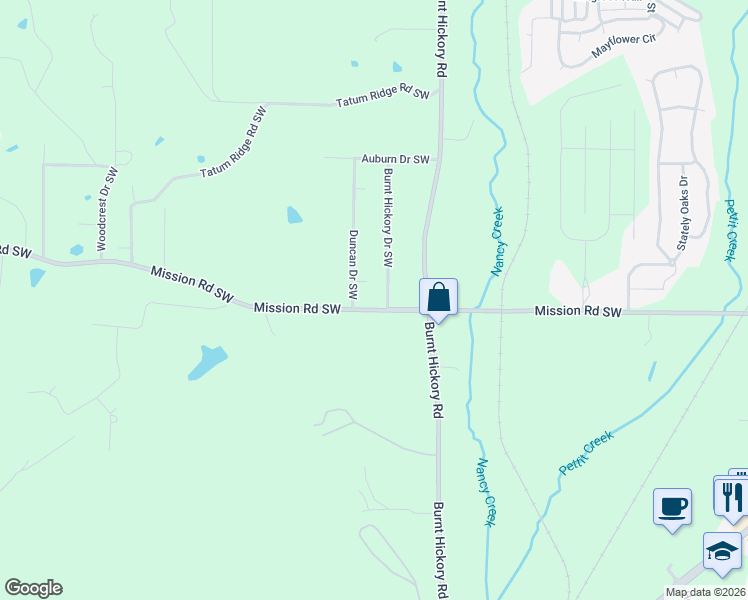 map of restaurants, bars, coffee shops, grocery stores, and more near 600 Mission Road Southwest in Cartersville