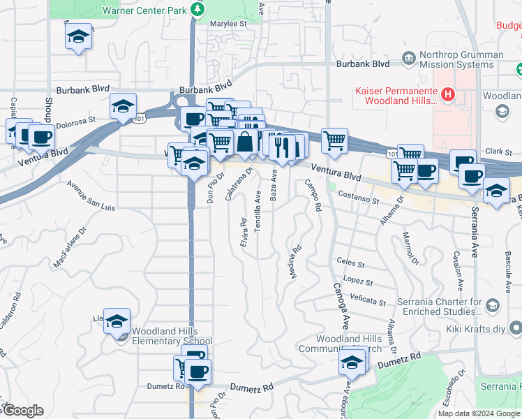 map of restaurants, bars, coffee shops, grocery stores, and more near 5302 Tendilla Avenue in Los Angeles