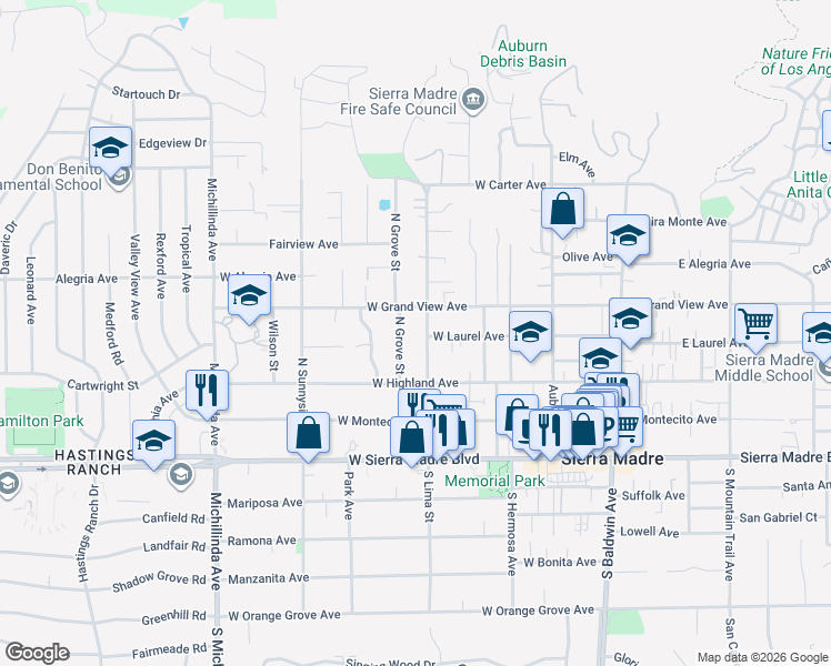 map of restaurants, bars, coffee shops, grocery stores, and more near 225 North Lima Street in Sierra Madre