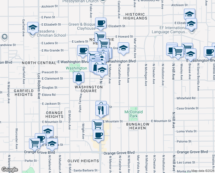map of restaurants, bars, coffee shops, grocery stores, and more near 1136 North Mentor Avenue in Pasadena