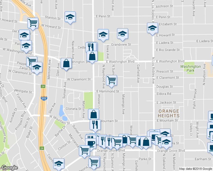 map of restaurants, bars, coffee shops, grocery stores, and more near 1138 North Raymond Avenue in Pasadena
