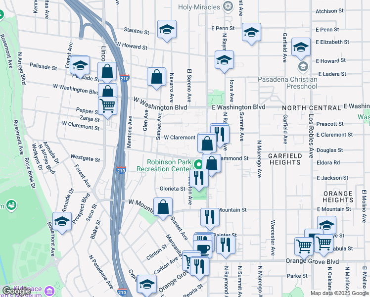 map of restaurants, bars, coffee shops, grocery stores, and more near 41 West Hammond Street in Pasadena