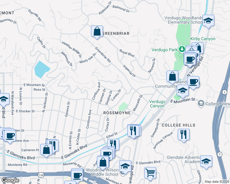 map of restaurants, bars, coffee shops, grocery stores, and more near 1332 Loreto Drive in Glendale