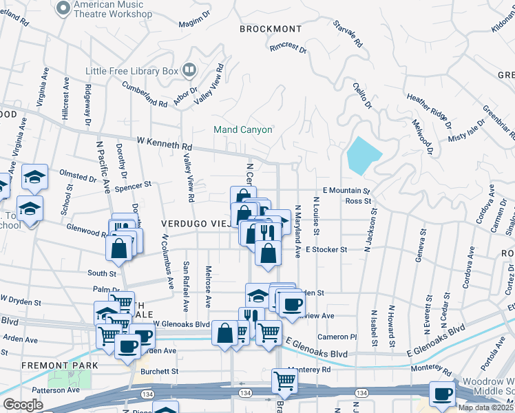 map of restaurants, bars, coffee shops, grocery stores, and more near 1303 North Central Avenue in Glendale