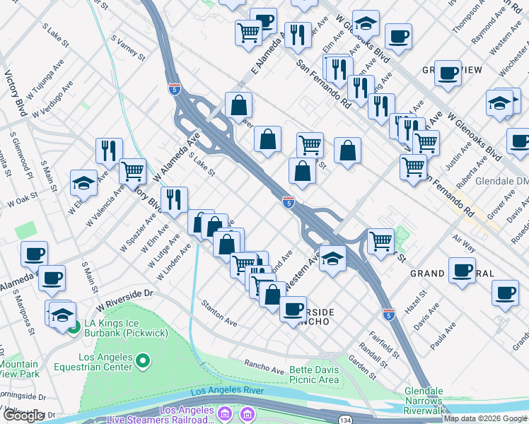 map of restaurants, bars, coffee shops, grocery stores, and more near 506 Irving Avenue in Glendale