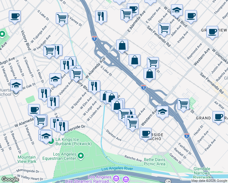map of restaurants, bars, coffee shops, grocery stores, and more near 246 West Linden Avenue in Burbank