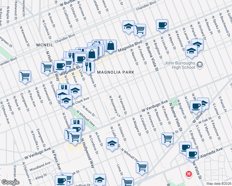 map of restaurants, bars, coffee shops, grocery stores, and more near in Burbank