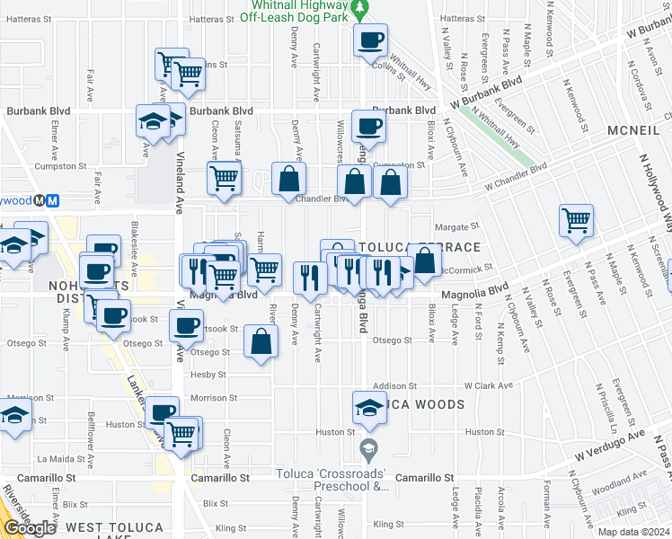 map of restaurants, bars, coffee shops, grocery stores, and more near in Los Angeles