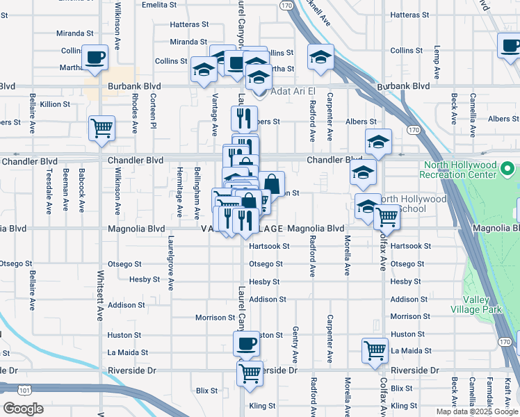 map of restaurants, bars, coffee shops, grocery stores, and more near 5220 Agnes Avenue in Los Angeles