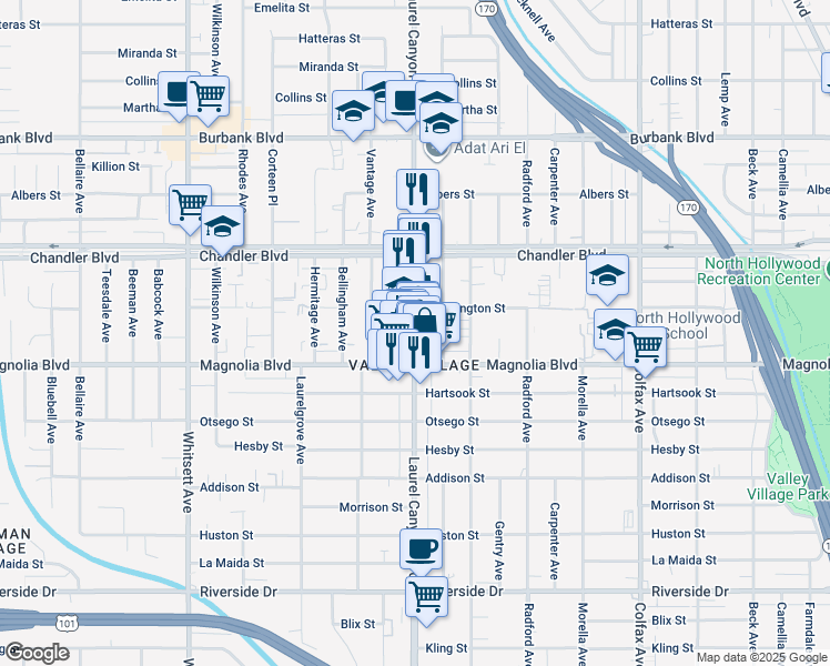 map of restaurants, bars, coffee shops, grocery stores, and more near in Los Angeles
