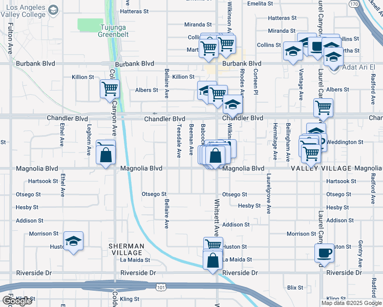 map of restaurants, bars, coffee shops, grocery stores, and more near 5218 Beeman Avenue in Los Angeles