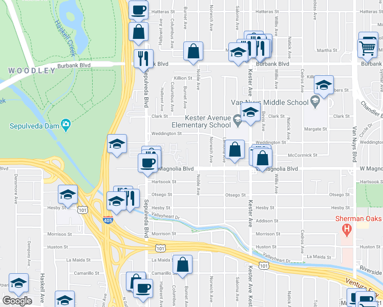 map of restaurants, bars, coffee shops, grocery stores, and more near 15101 West Magnolia Boulevard in Los Angeles