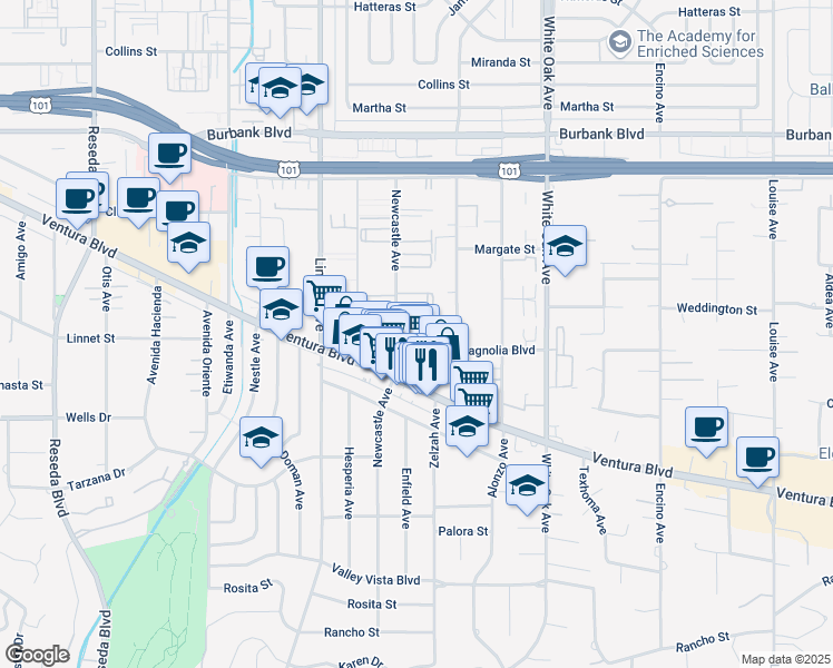map of restaurants, bars, coffee shops, grocery stores, and more near 17955 West Magnolia Boulevard in Los Angeles