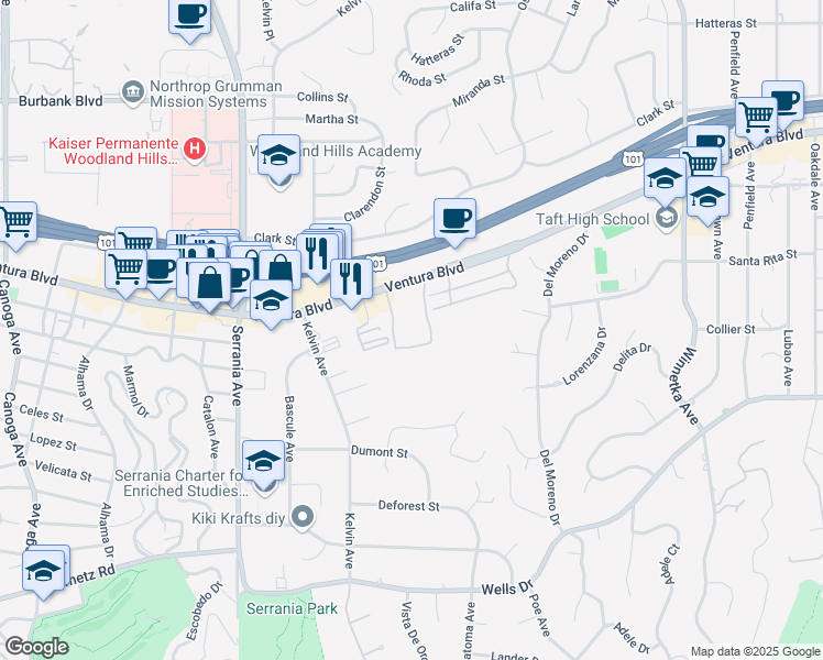map of restaurants, bars, coffee shops, grocery stores, and more near 20600 Ventura Boulevard in Los Angeles