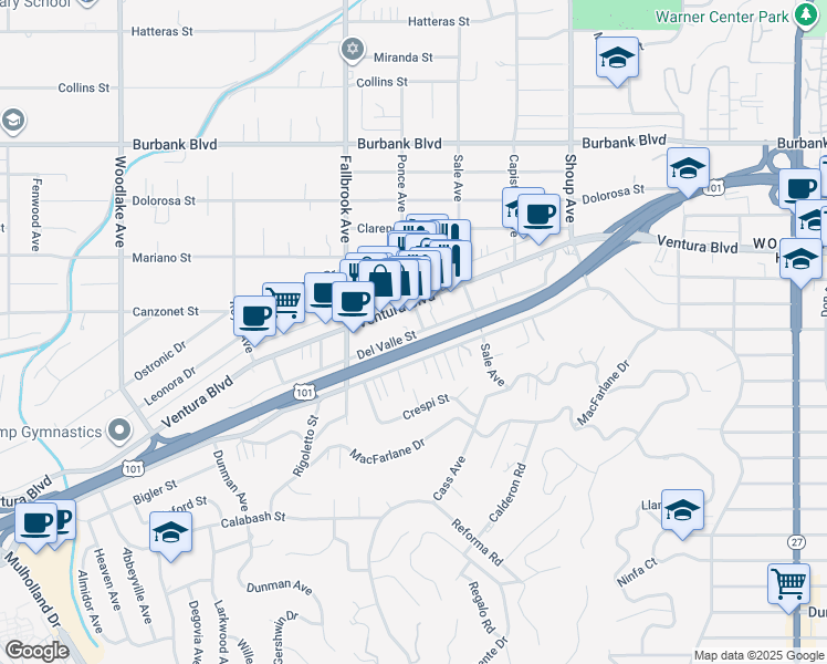 map of restaurants, bars, coffee shops, grocery stores, and more near 5192 Knollwood Way in Los Angeles