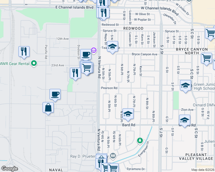 map of restaurants, bars, coffee shops, grocery stores, and more near 426 Pearson Road in Port Hueneme