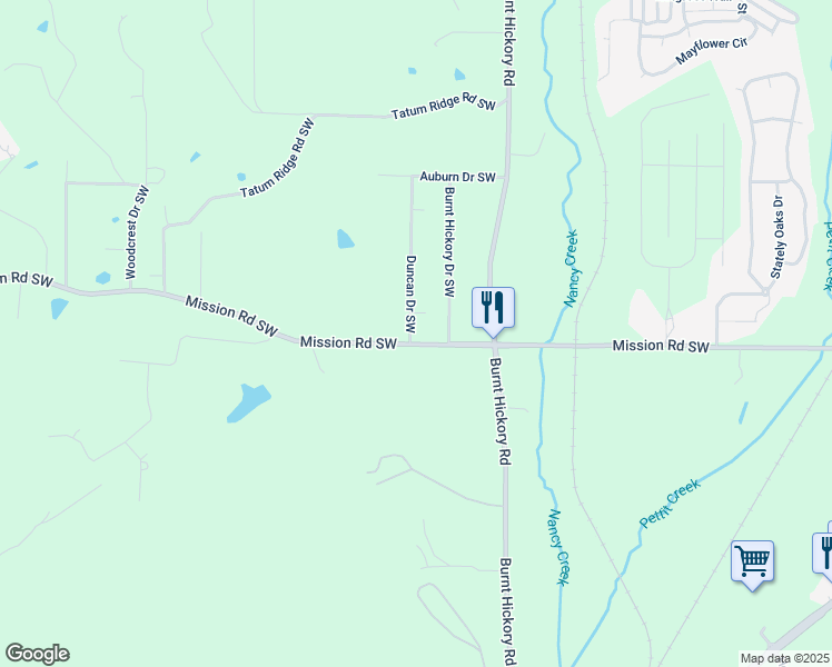 map of restaurants, bars, coffee shops, grocery stores, and more near 614 Mission Road Southwest in Cartersville