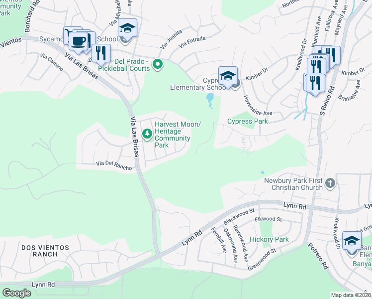 map of restaurants, bars, coffee shops, grocery stores, and more near 4346 Camino De La Rosa in Thousand Oaks