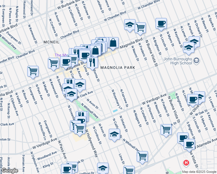 map of restaurants, bars, coffee shops, grocery stores, and more near 675 North Rosemary Lane in Burbank