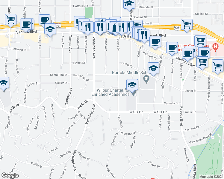 map of restaurants, bars, coffee shops, grocery stores, and more near 19024 Sprague Street in Los Angeles