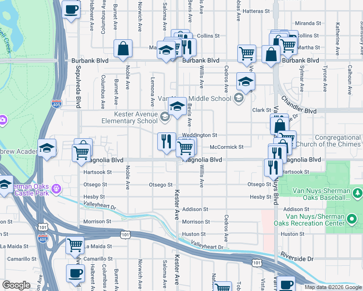map of restaurants, bars, coffee shops, grocery stores, and more near 5236 Kester Avenue in Los Angeles