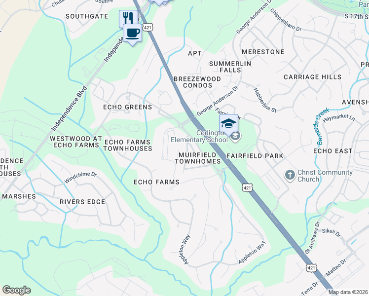 map of restaurants, bars, coffee shops, grocery stores, and more near 4310 Terrington Drive in Wilmington