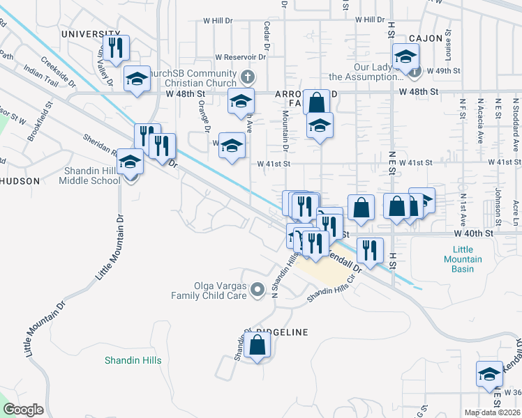 map of restaurants, bars, coffee shops, grocery stores, and more near Kendall Drive in San Bernardino