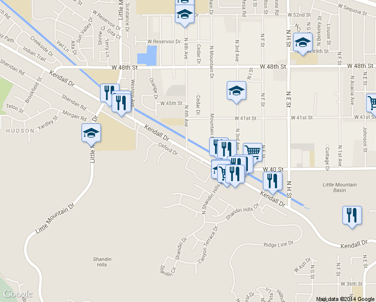 map of restaurants, bars, coffee shops, grocery stores, and more near 1095 Kendall Drive in San Bernardino
