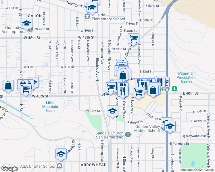 map of restaurants, bars, coffee shops, grocery stores, and more near 4096 North Mountain View Avenue in San Bernardino