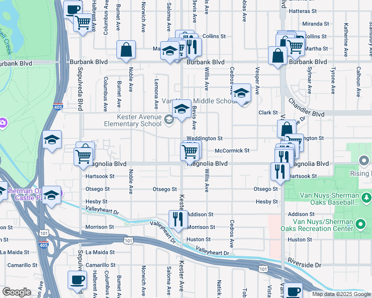 map of restaurants, bars, coffee shops, grocery stores, and more near 5236 Kester Avenue in Los Angeles