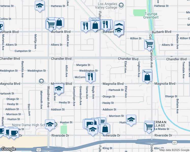 map of restaurants, bars, coffee shops, grocery stores, and more near 5220 Nagle Avenue in Los Angeles