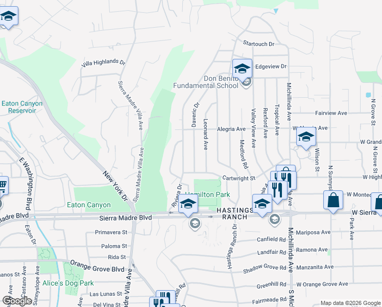 map of restaurants, bars, coffee shops, grocery stores, and more near 1145 Daveric Drive in Pasadena