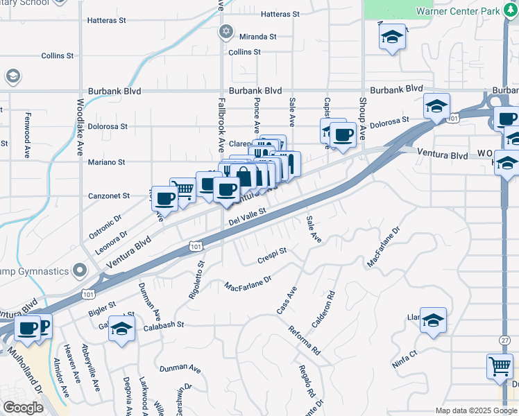map of restaurants, bars, coffee shops, grocery stores, and more near 22719 Del Valle Street in Los Angeles