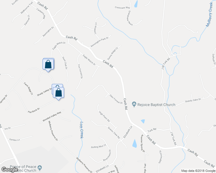 map of restaurants, bars, coffee shops, grocery stores, and more near 5114 Glen Forrest Drive in Flowery Branch