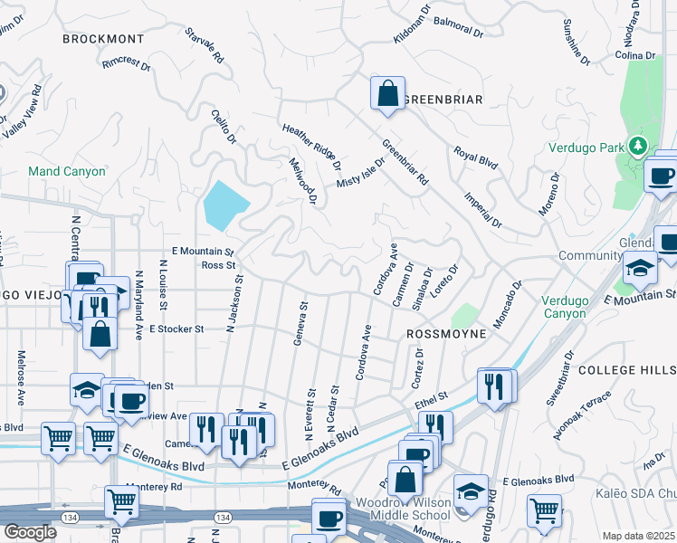 map of restaurants, bars, coffee shops, grocery stores, and more near 1355 Cedar Court Road in Glendale