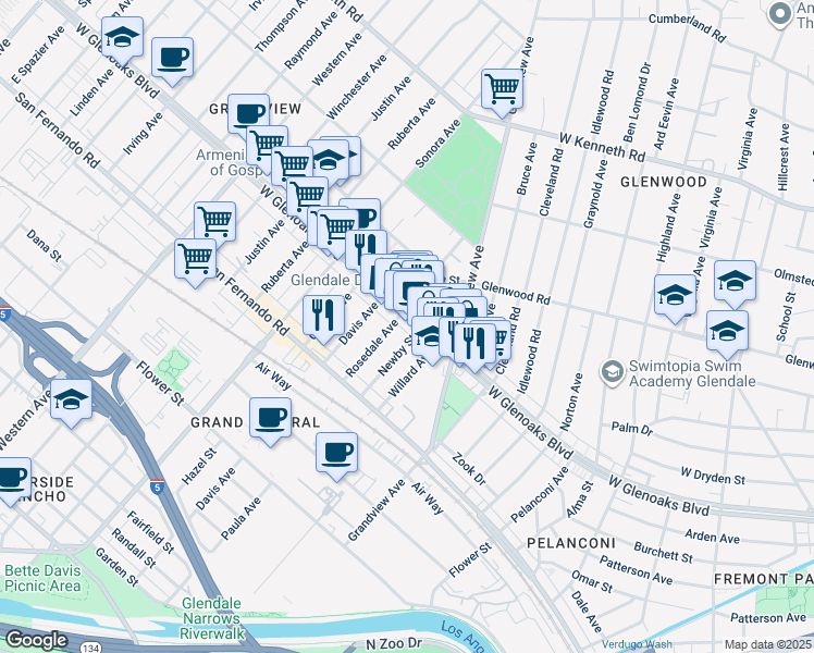 map of restaurants, bars, coffee shops, grocery stores, and more near 1250 West Glenoaks Boulevard in Glendale