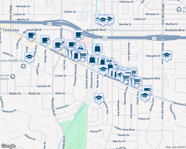 map of restaurants, bars, coffee shops, grocery stores, and more near 5210 Etiwanda Avenue in Los Angeles
