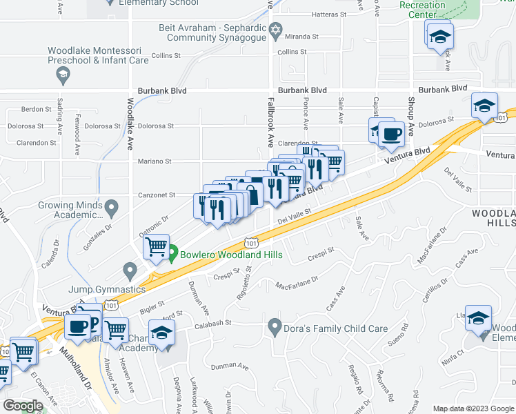 map of restaurants, bars, coffee shops, grocery stores, and more near 22821 Ventura Boulevard in Los Angeles