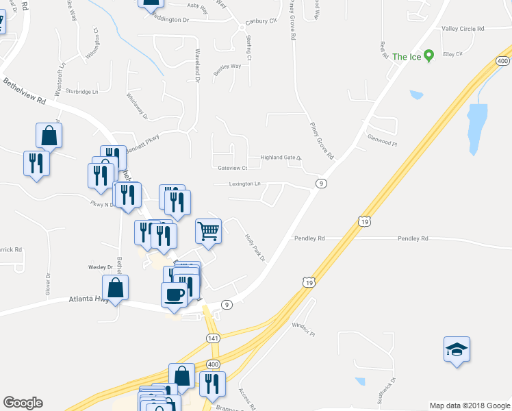 map of restaurants, bars, coffee shops, grocery stores, and more near 2315 Keenland Court in Cumming
